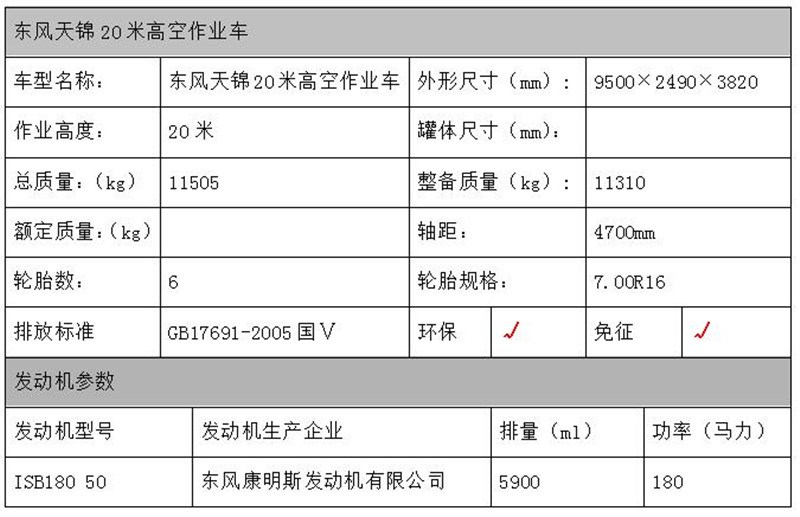 东风天锦高空作业车配置