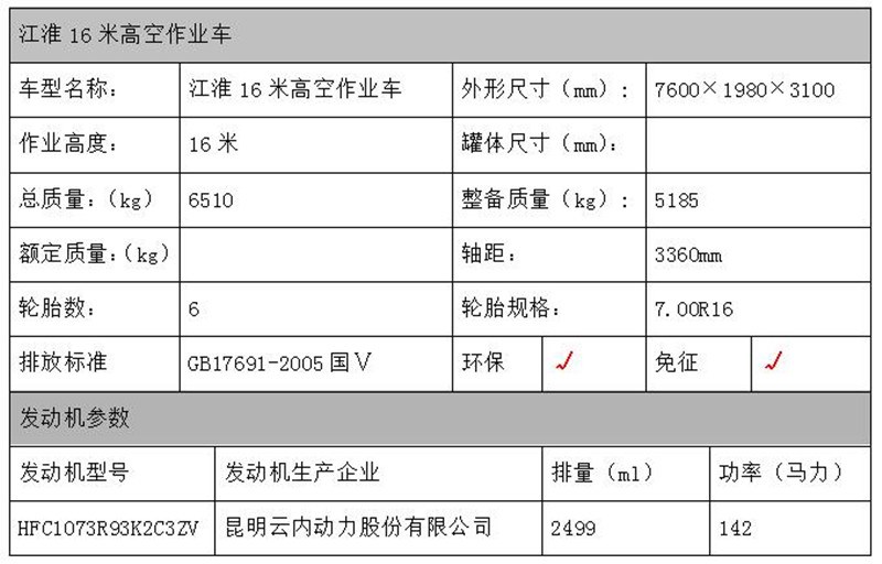 江淮高空作业车配置