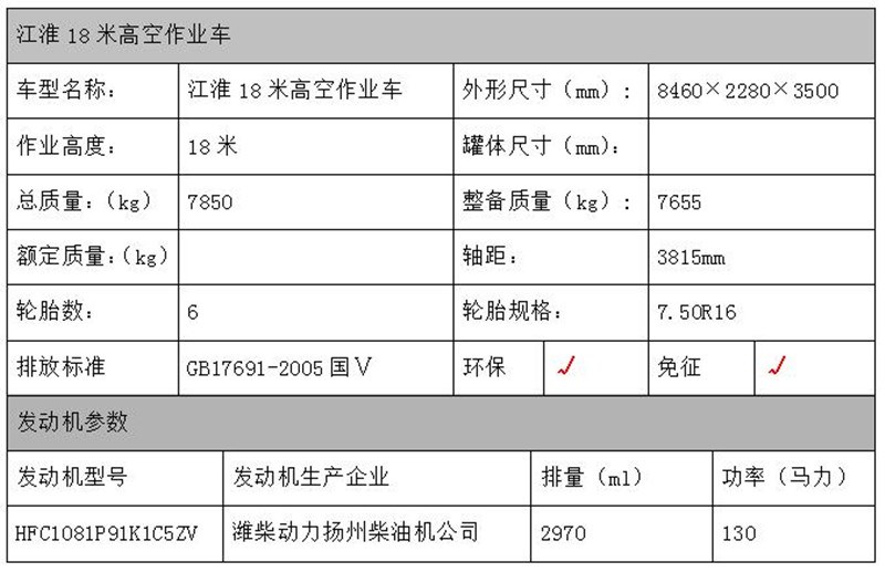 江淮18米高空作业车配置